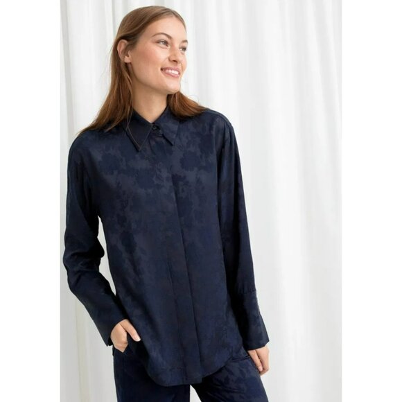 & Other Stories Navy Floral Jacquard Button Down Top Size 2 NWOT - Picture 2 of 12